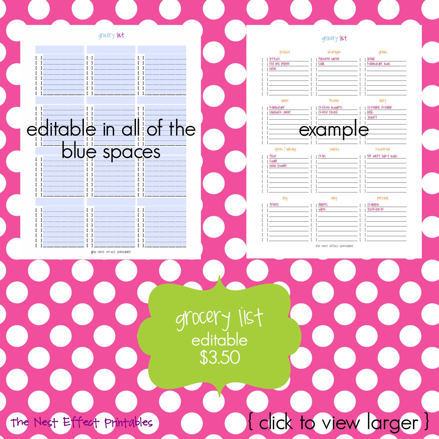 grocery list - EDITABLE / FILLABLE document