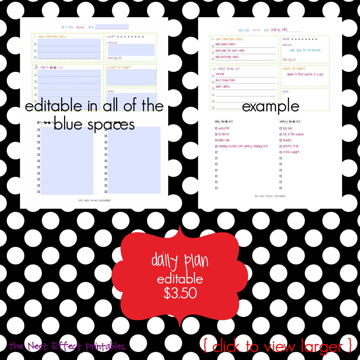 daily plan for time management - EDITABLE / FILLABLE PDF document