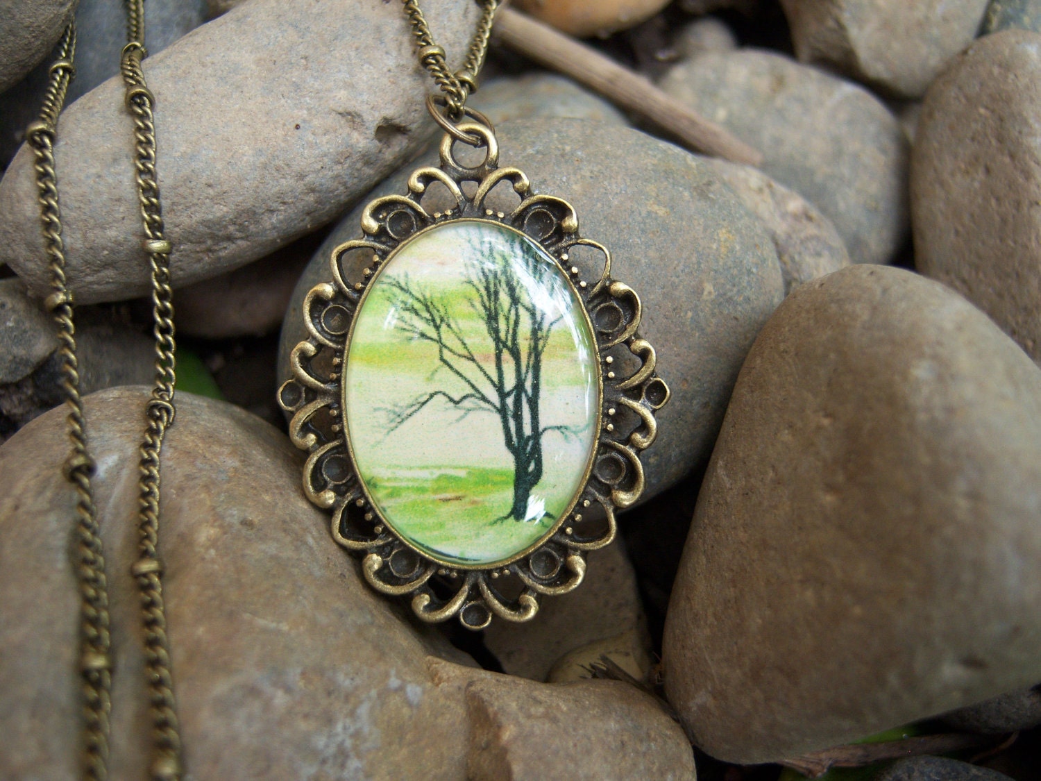 Green Tree Necklace Bronze Finish Filigree Pendant Painting Print - Walk With Me
