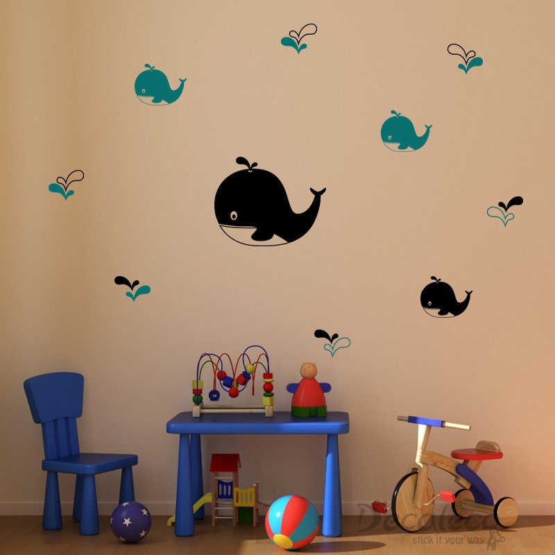 FREE Shipping - Whales Wall Decal (Fish wall stickers for kids rooms, baby nursery rooms, bathrooms, etc) (SKU024)