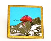 Flower Picture Brooch for Mother. Australian red waratah picture on square wooden brooch with gold leaf.