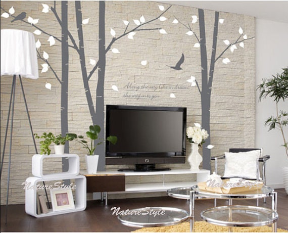 Nursery tree wall decal trees vinyl wall decal wall sticker baby room decoration- 3 Birch Tree with Flying Birds