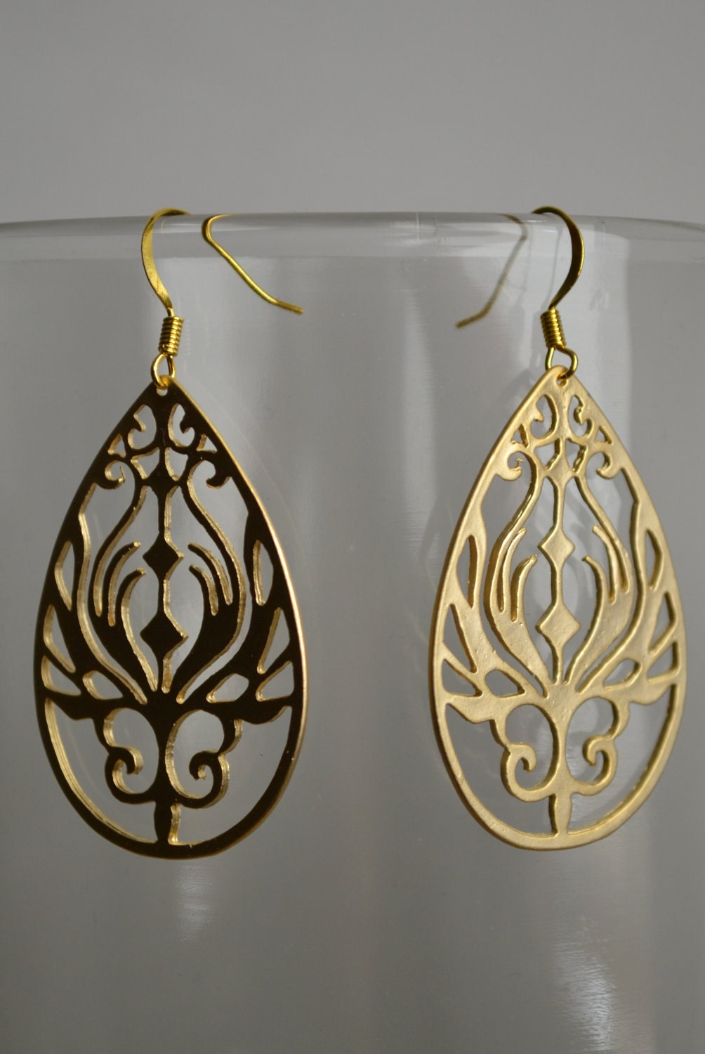 Gold plated peacock in tear drop filigree earrings - gold plated peacock filigree earrings - gold plated peacock feather earrings