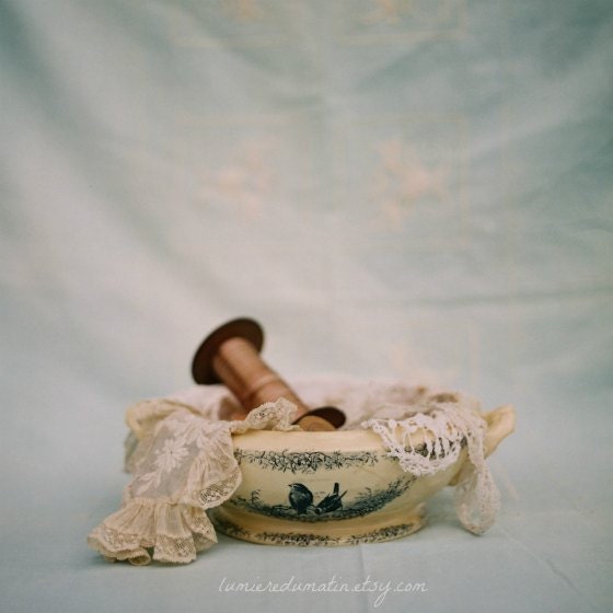 Vintage lace Hasselblad photograph sewing spools french ceramic - Delicate - analog fine art print 8 x 8