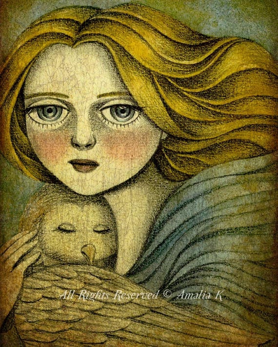 Angel, Owl Illustration, Reproduction Digital Print - The Guardian by Amalia K 8x10