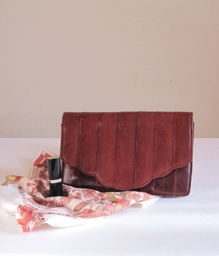 SALE, vintage purse, REPTILE bag, Snakeskin clutch, evening bag, 80s handbag, brown purse, chic purse, elegant clutch