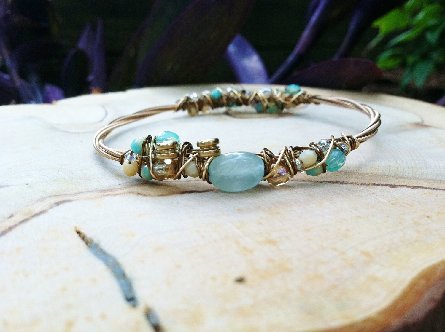 Turquoise and Honey- Double woven Recycled Guitar String Bangle Bracelet with Aquamarine