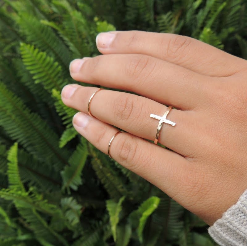 Rose Gold Cross Ring Hammered, Organic, Rustic and Simple