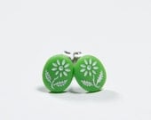 Green Flower Earrings - Posts Earrings - Stud Post Earrings - Surgical Steal Hypo allergenic Vintage Cabochons Earrings