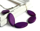 Purple Necklace with Oval Geometric Wood Beads, Minimalist Grape Jewelry