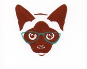 Cat with Glasses linocut print 5 x 7