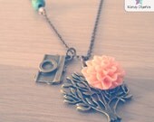 Spring tree necklace, vintage necklace. Camera necklace. Flower, camera, tree, bohemian beads