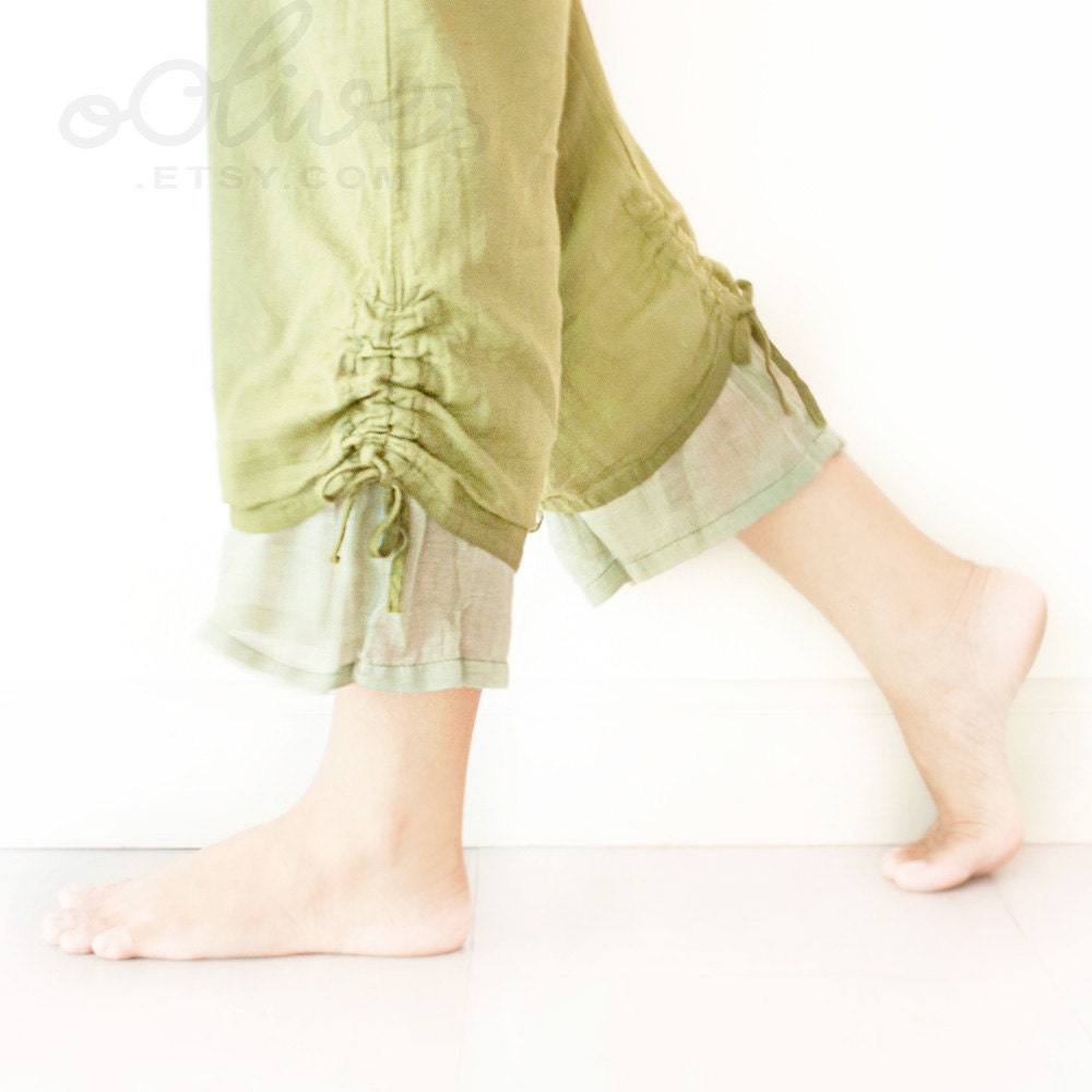 Spring Summer Drawstring Cotton Pants in Yellow-green - oOlives
