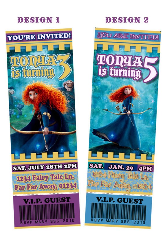 Disney Pixar Brave Invitations Personalized Birthday Party Ticket Invites self print. 4x6
