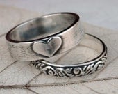 Love - Eco Friendly Recycled Sterling Silver Heart and Scroll Ring Stack - Hand Forged - Custom Size