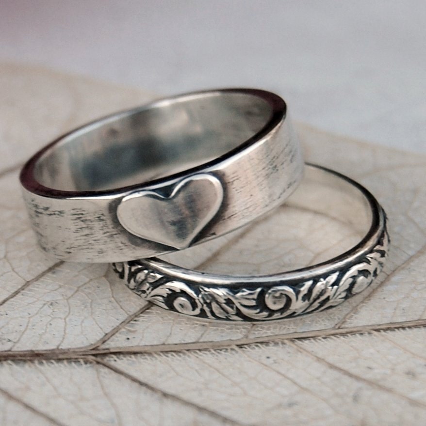 Love - Eco Friendly Recycled Sterling Silver Heart and Scroll Ring Stack - Hand Forged - Custom Size