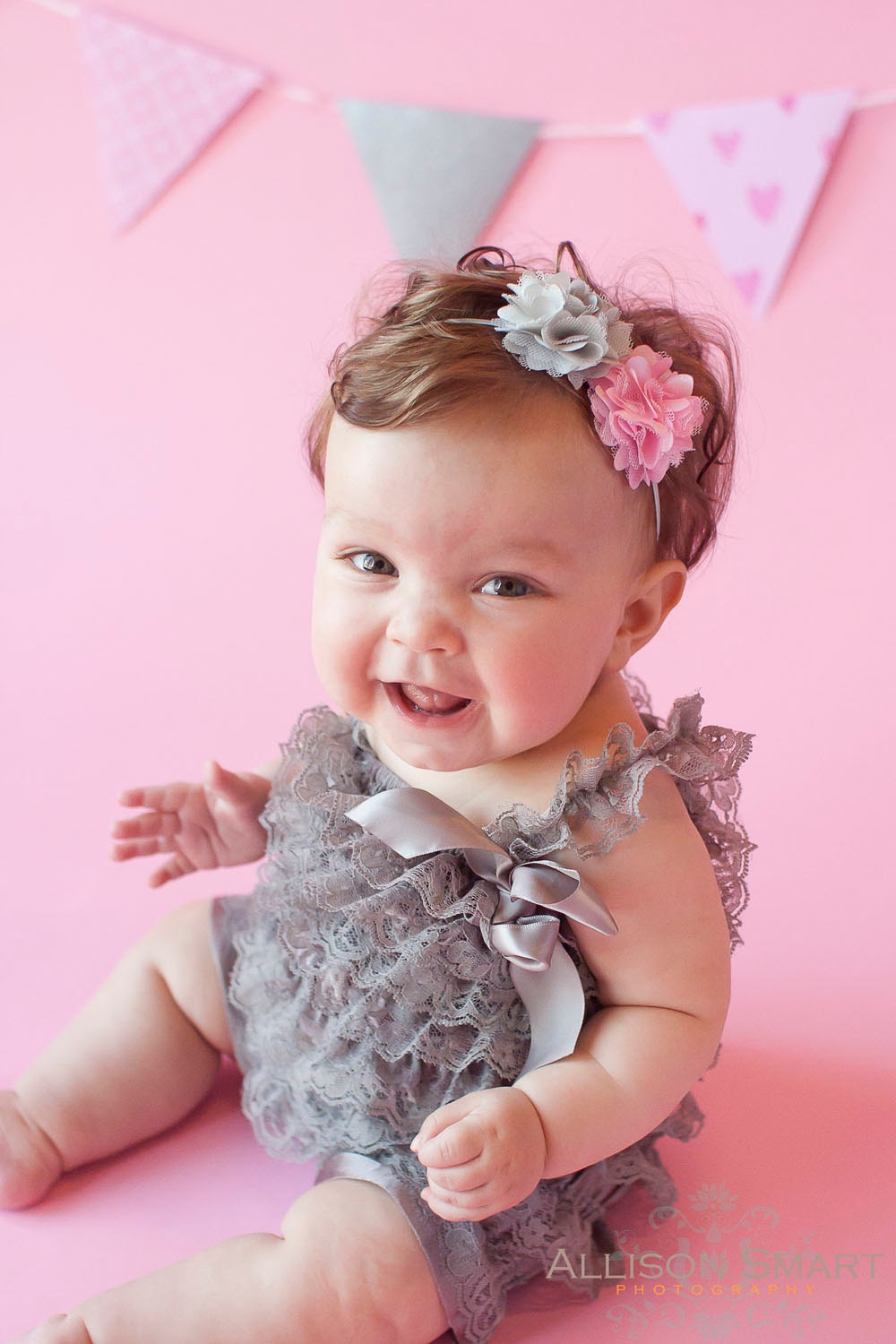 Flower Baby Headband - Pink - Gray - Silver - Baby Photo Prop - Pastel - Spring Colors - Stretch - Easter Headband