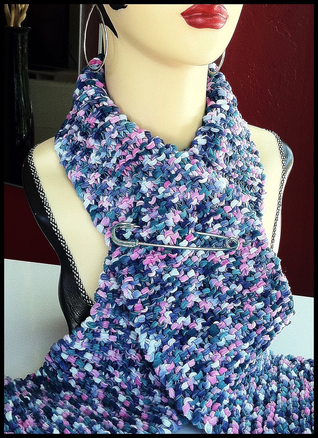 BLUE SKY Lightweight, Gorgeous, Versatile Hand-knit Scarf -  I love this silken, colorful, soft, unique scarf with blue pin -