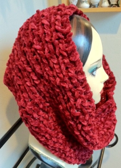 Drop Dead DEEPEST RED Hand-knitted Eternity, Circle Scarf, Cowl (warm, thick, cozy)