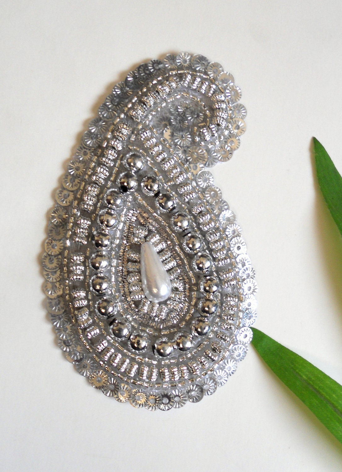 Sale.Silver Paisley Applique Beaded & Sequin Silver Paisley Sew On Applique For Bridal Outfit Wedding Accessories