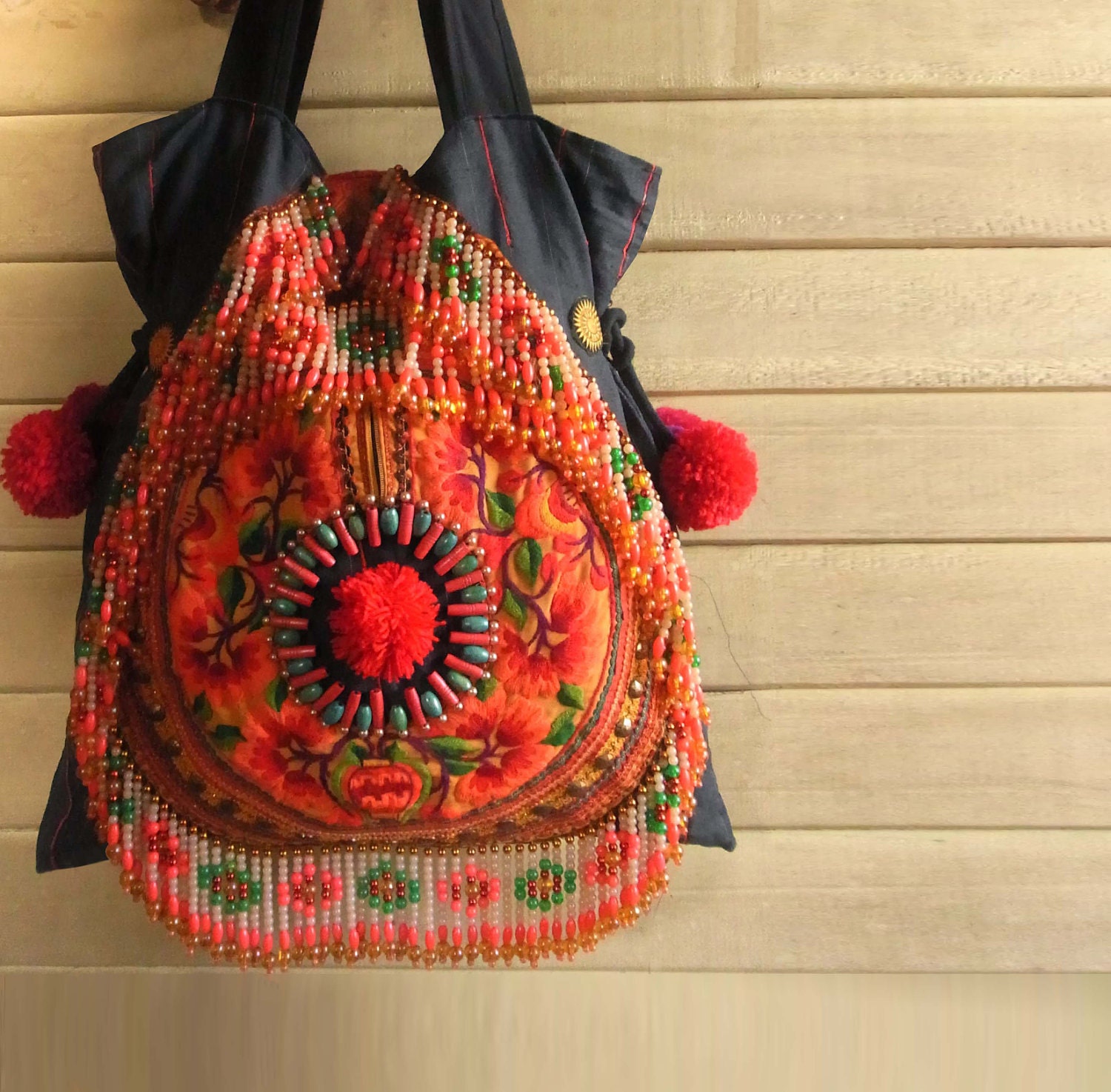 Ethnic Fringe Tote Bag with chunky pom pom /// Gypsy  // embroidery // tribal