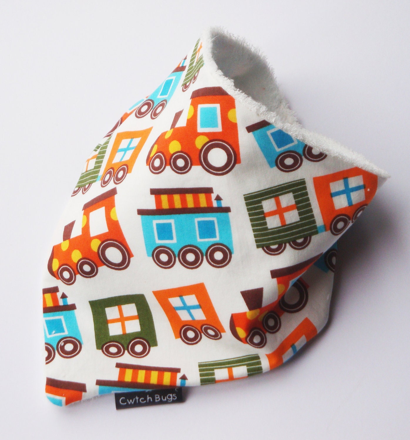 ORGANIC  Bamboo Bandana Dribble Bib  - Organic 'TRAINS' fabric - A Eco Friendly Gift Idea from Cwtch Bugs