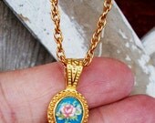 SALE - Handmade Golden  NECKLACE w/ Limoges Blue Glass Cab Vintage Double Link Chain "Roses & Rain" OOAK