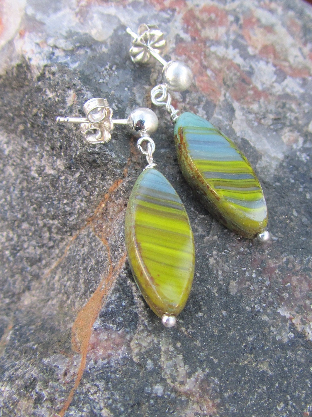 SALE /// Sterling silver czech glass leaf earrings apple green mustard teal turquoise - Aqua rainbow - SPRING CLEANING Sale