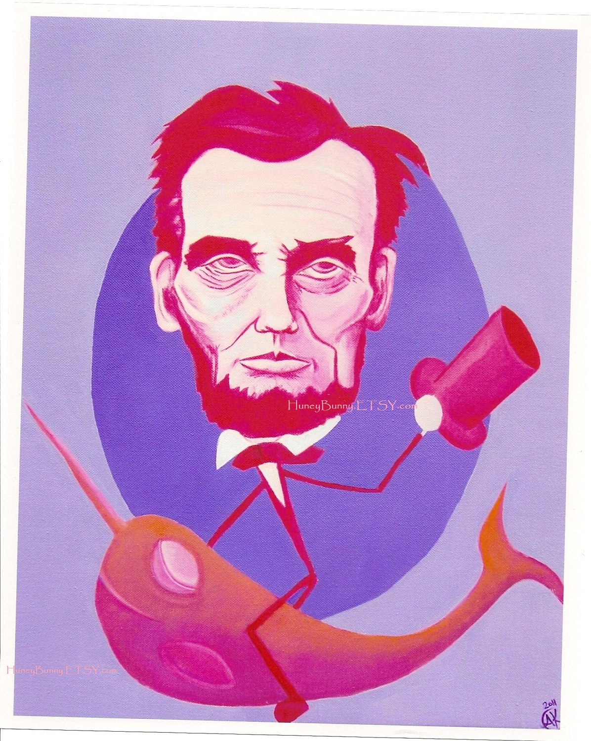 Pink LINCOLN Riding a Narwhal ART Print. 8x10 Print of an Original Oil on Canvas Painting. Whimsical Artwork of Allie Kelley