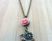 Happy Snail with Pink Rose "Slow Bloomer" Necklace