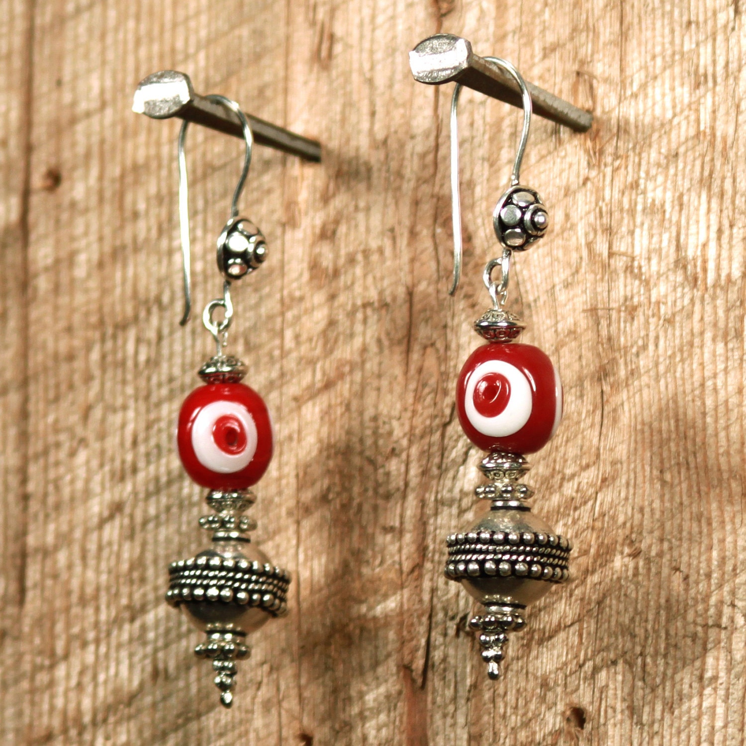 Ox Blood Moon Earrings - Handmade Evil Eye Glass Bead