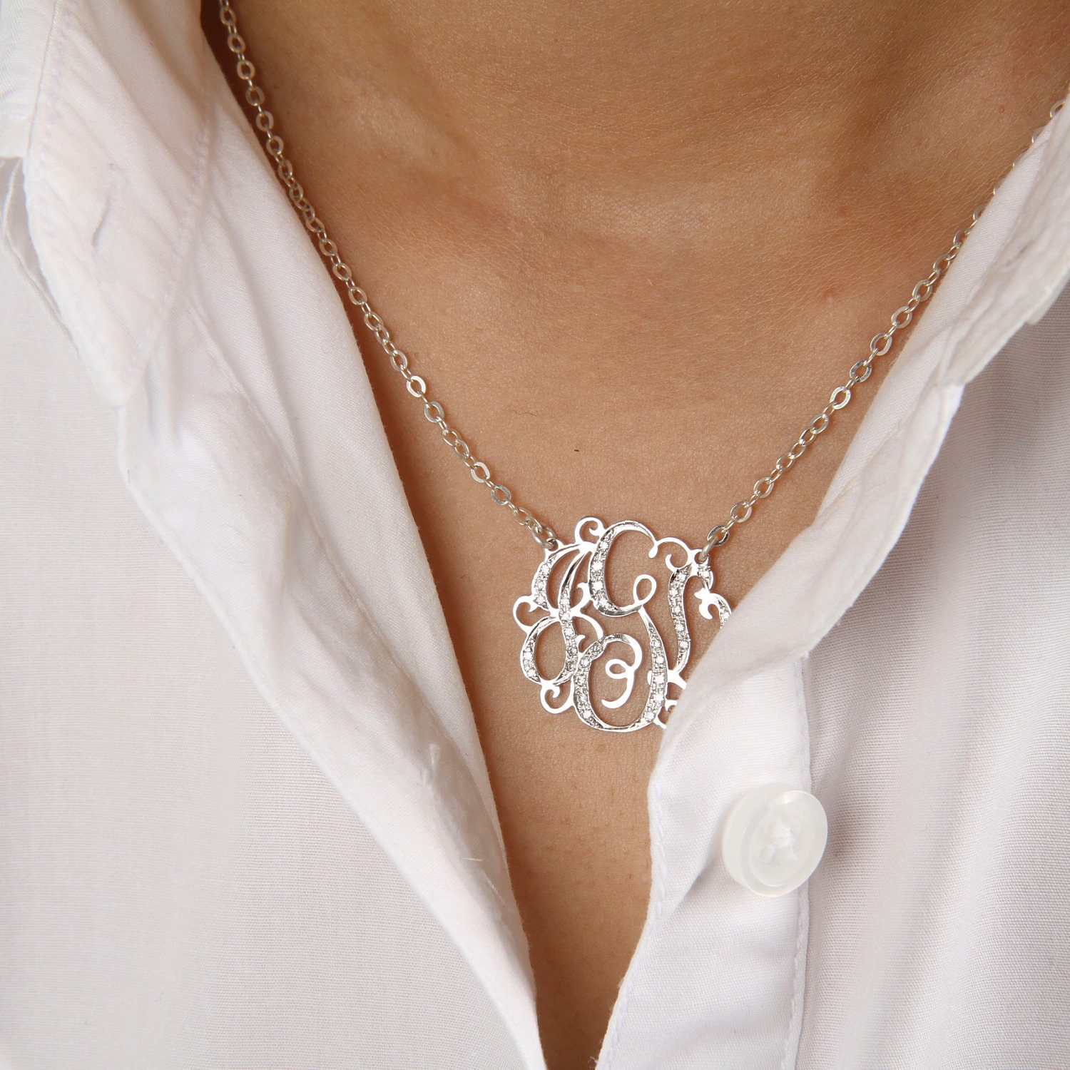 Diamond Monogram necklace - Diamond Cubic initial necklace 1" Silver necklace