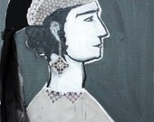 Original oil painting WOMAN PORTRAIT, oil on canvas by Elisaveta Sivas, mixed media, collage, 19,7 x 23,6'