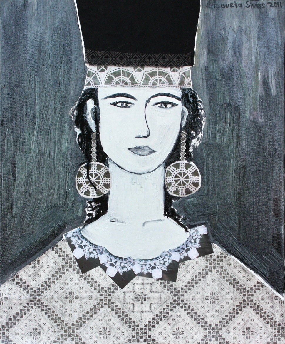 Original oil painting WOMAN PORTRAIT, oil on canvas by Elisaveta Sivas, mixed media, collage, 19,7 x 23,6'