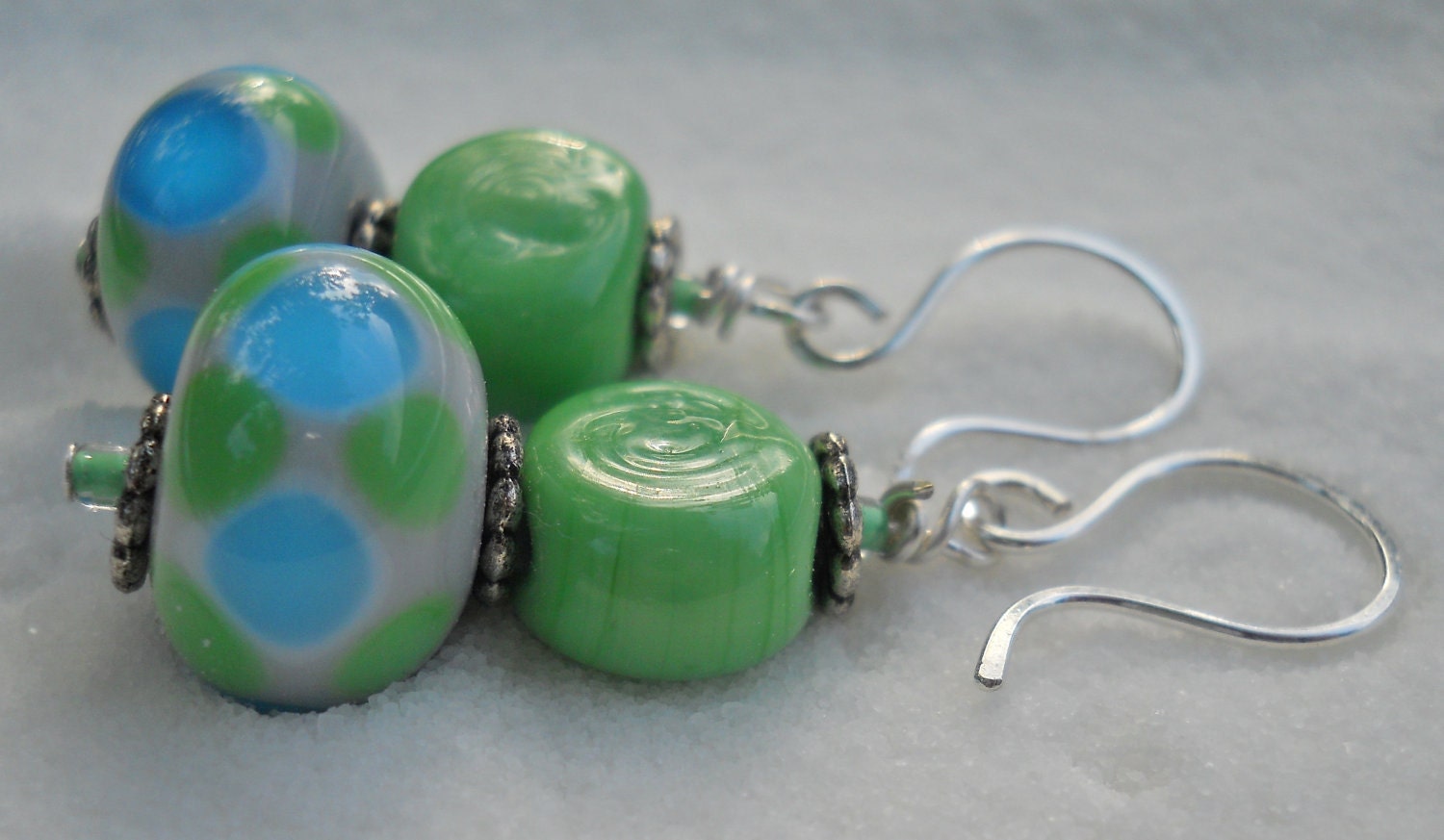 Beaded Lampwork Earrings featuring Polka Dots in Mint Green and Aqua Blue