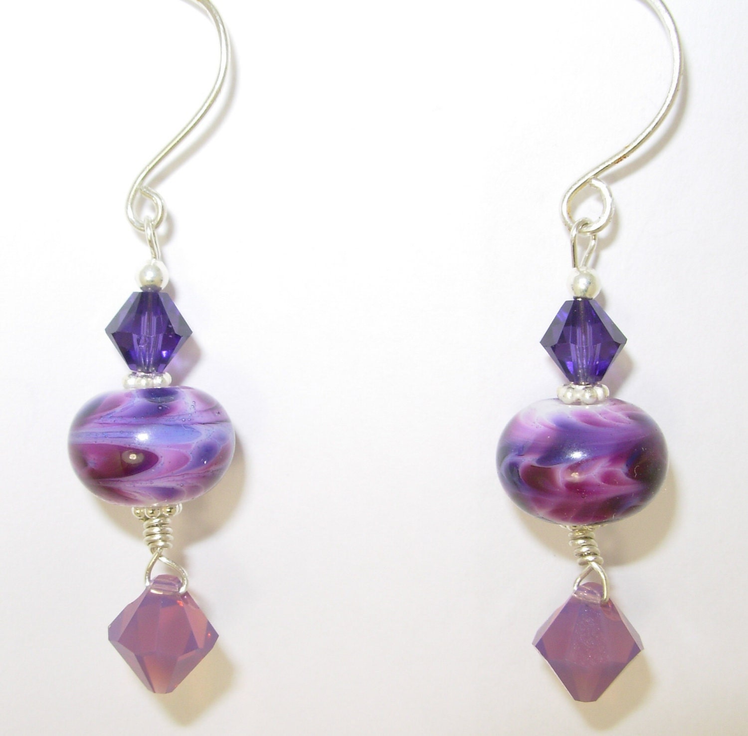 Artisan Lampwork, Swarovski and Sterling Silver Earrings, Purple, Violet