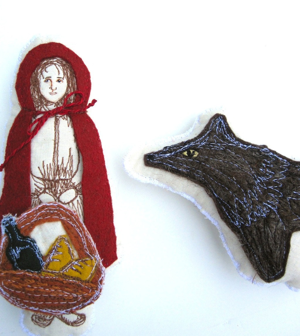Little Red Riding Hood and the Wolf.  Organic Muslin & Wool Magnetic Storytelling Dolls. Made to Order.