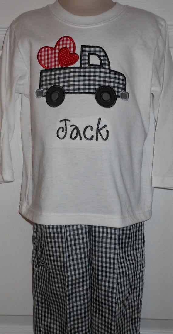 Boy's Heart Truck Monogram Applique Long Sleeve Top and Black Gingham Pants Outfit 12M-24M, 2T-5T