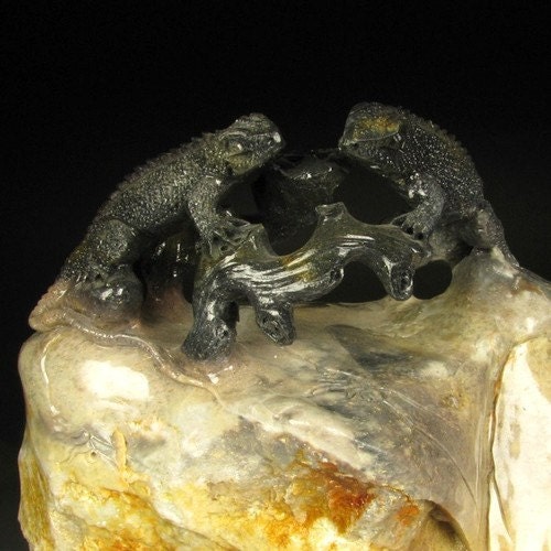 Chinese Shoushan Stone Lizard Statue with custom fitted wood base. Handmade. Large piece.
