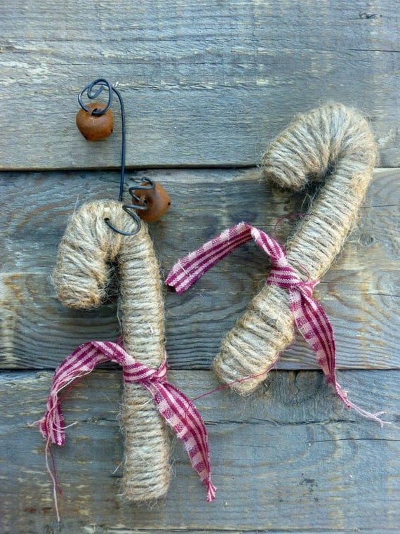 Jute wrapped Candy Cane Christmas Ornaments Natural Primitvie Rustic Decor