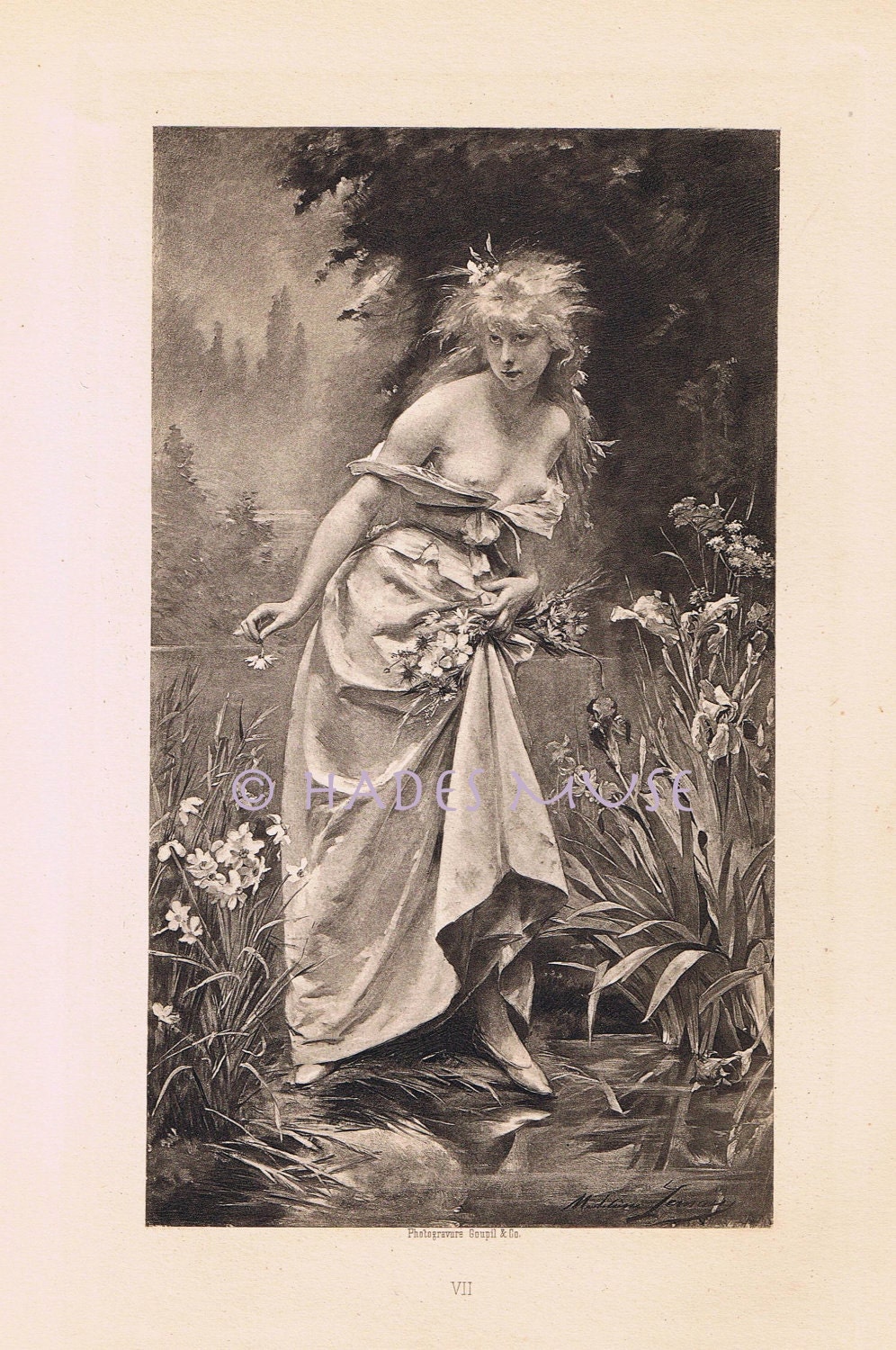 Beautiful Maiden Drowned-Ophelia-1891 Antique Vintage Picture Nude PHOTOGRAVURE Art-Shakespeare's Hamlet-Topless-Mad-Flowers-Suicide-River