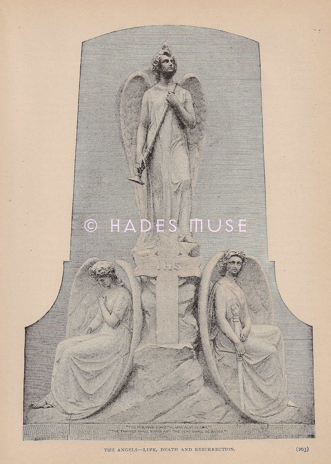 The Angels-Life, Death & Resurrection-1888 Antique Vintage Art PRINT-Gothic-Goth-Tombstone-Grave Marker-Statue-Dead Shall Be Raised