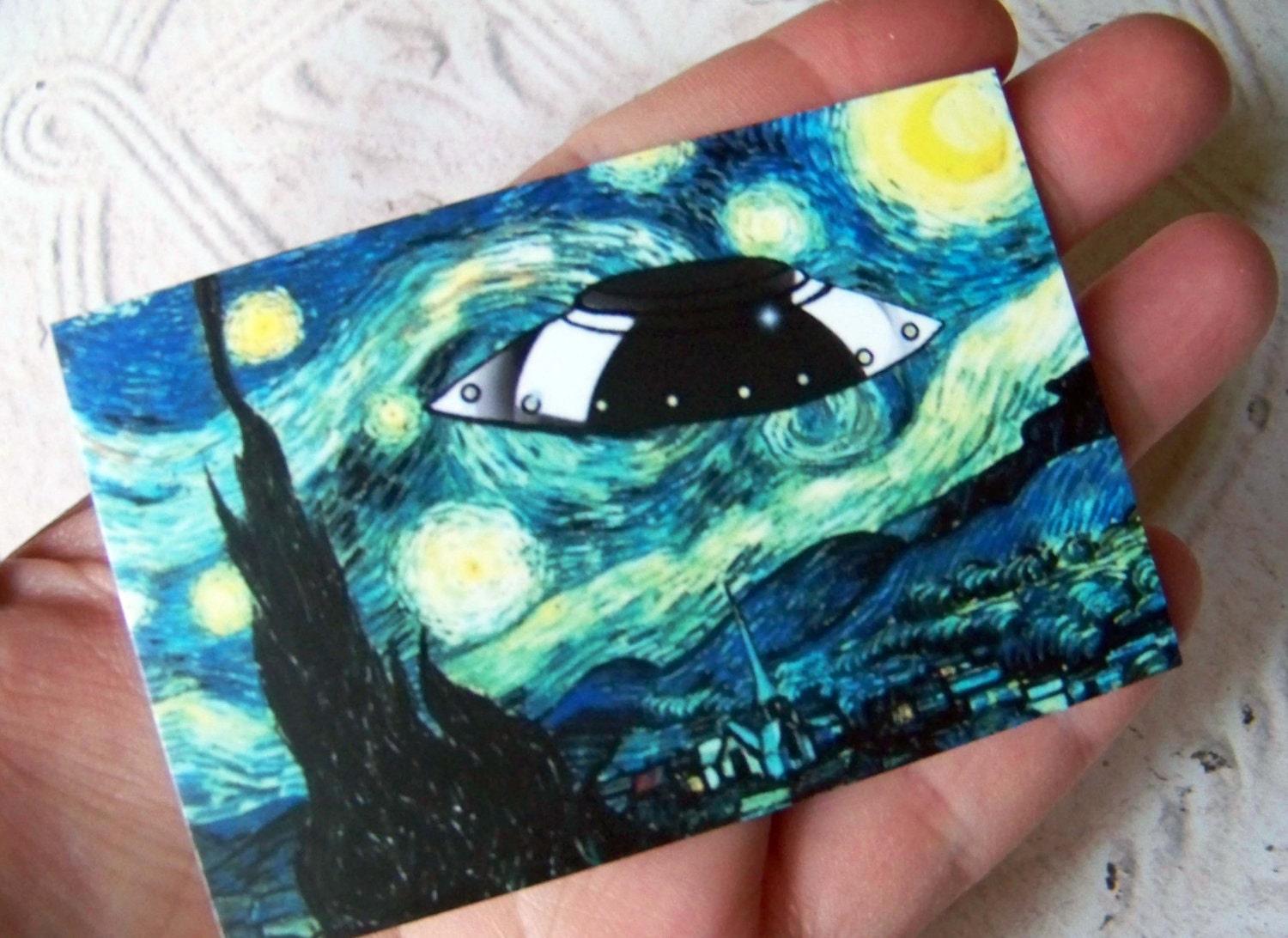 UFO Van Gogh's Starry Night Mini Print, Small Art Print, Smaller than ACEO ATC, Bright Alien Inspired Blue Night Sky, Outer Space