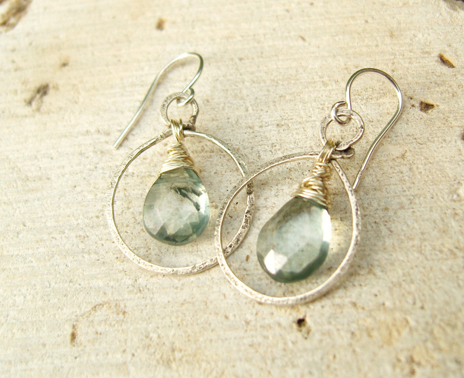 Green Mystic Quartz Drop Earrings. Hammered Sterling Silver Circle Dangle Earrings. Wire Wrapped Briolette Dangle Earrings