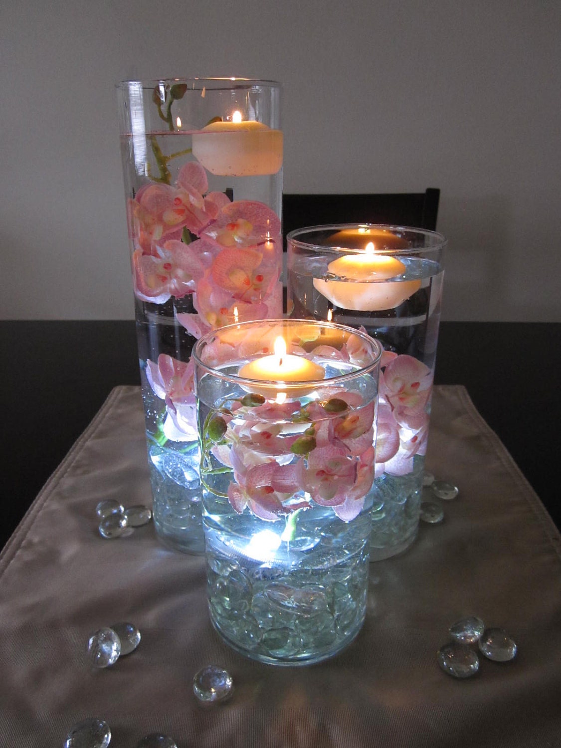 Pink Orchid Floating Candle Wedding Centerpiece White LED Tealight