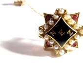 Vintage Sorority Pin Northeastern University 14K Gold Pearl & Ruby Nu Epsilon Zeta Fraternity Badge