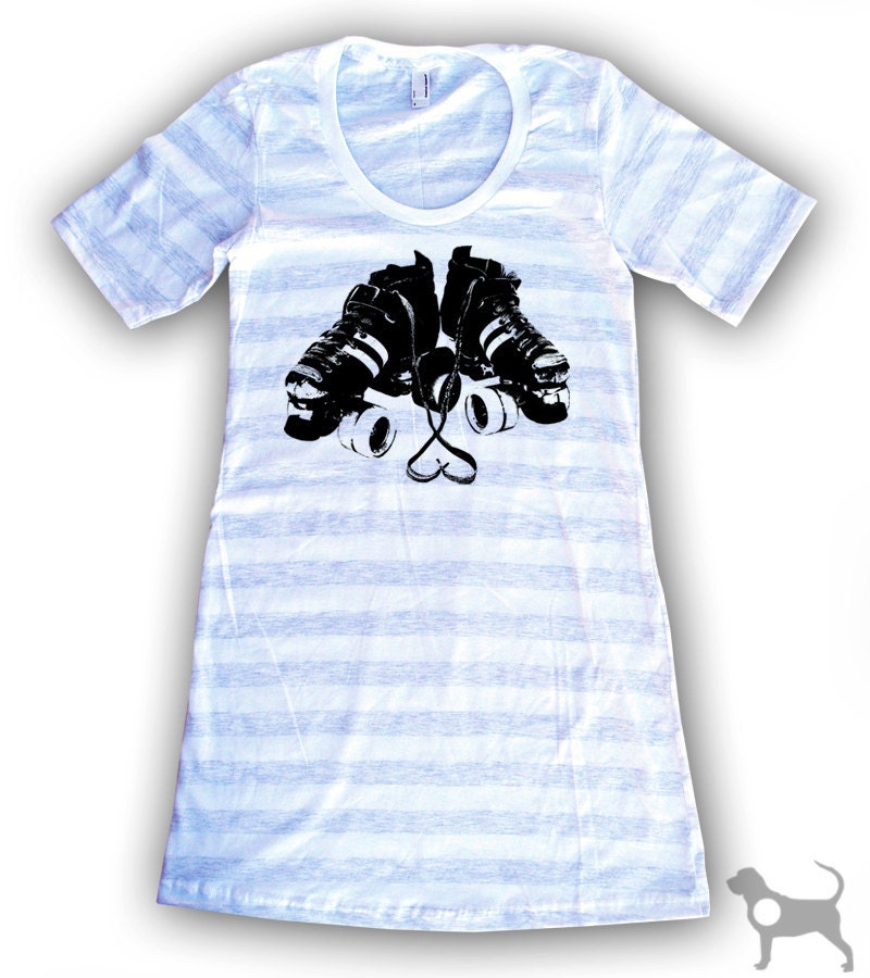 Roller Derby Skates Women's White/Gray Striped Jersey Cotton T-Shirt Dress by American Apparel (S M L XL) Choose Your Ink Color