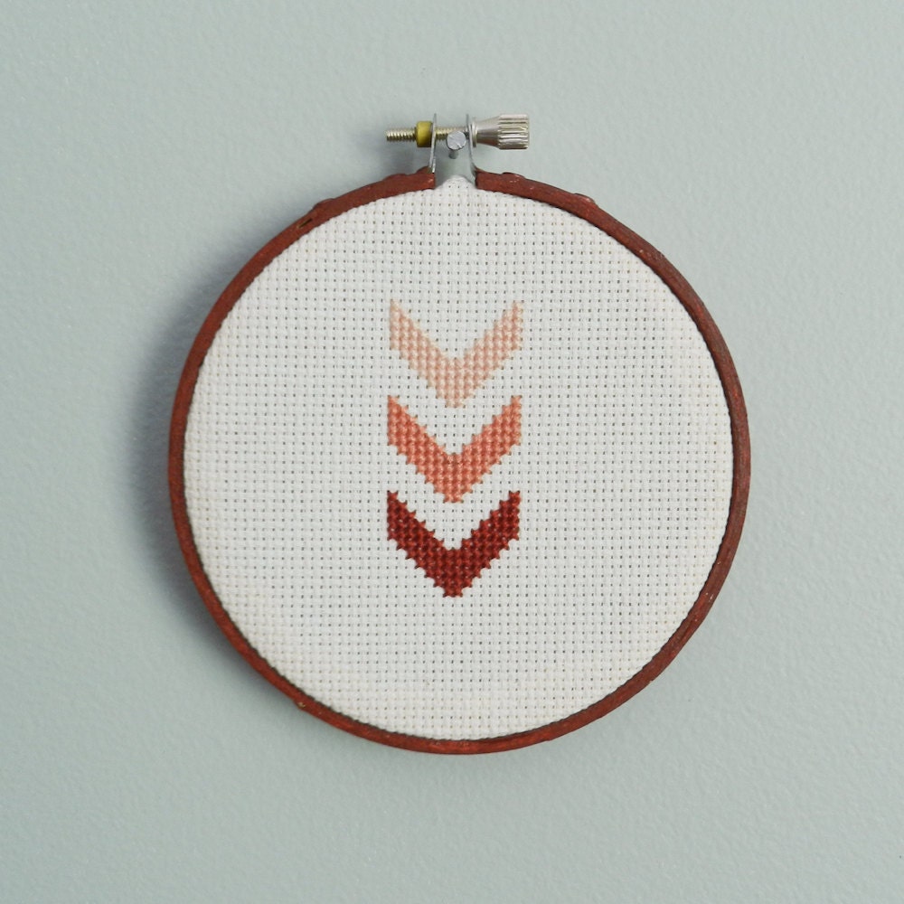 Peach Burgundy Chevron Modern Cross Stitch Hoop Art