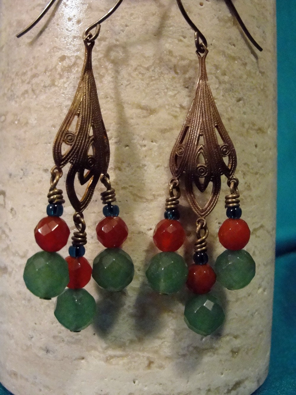 Chandelier Earrings, Aventurine, Carnelian and Brass, One of a Kind