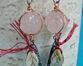 Copper Wire Wrapped Carved Rose Quartz Green Glass Leaves and Gunmetal, One of a Kind